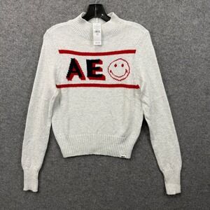 American Eagle Smiley World Mock Neck Graphic Sweater‎ Gray Red Womens Small NEW